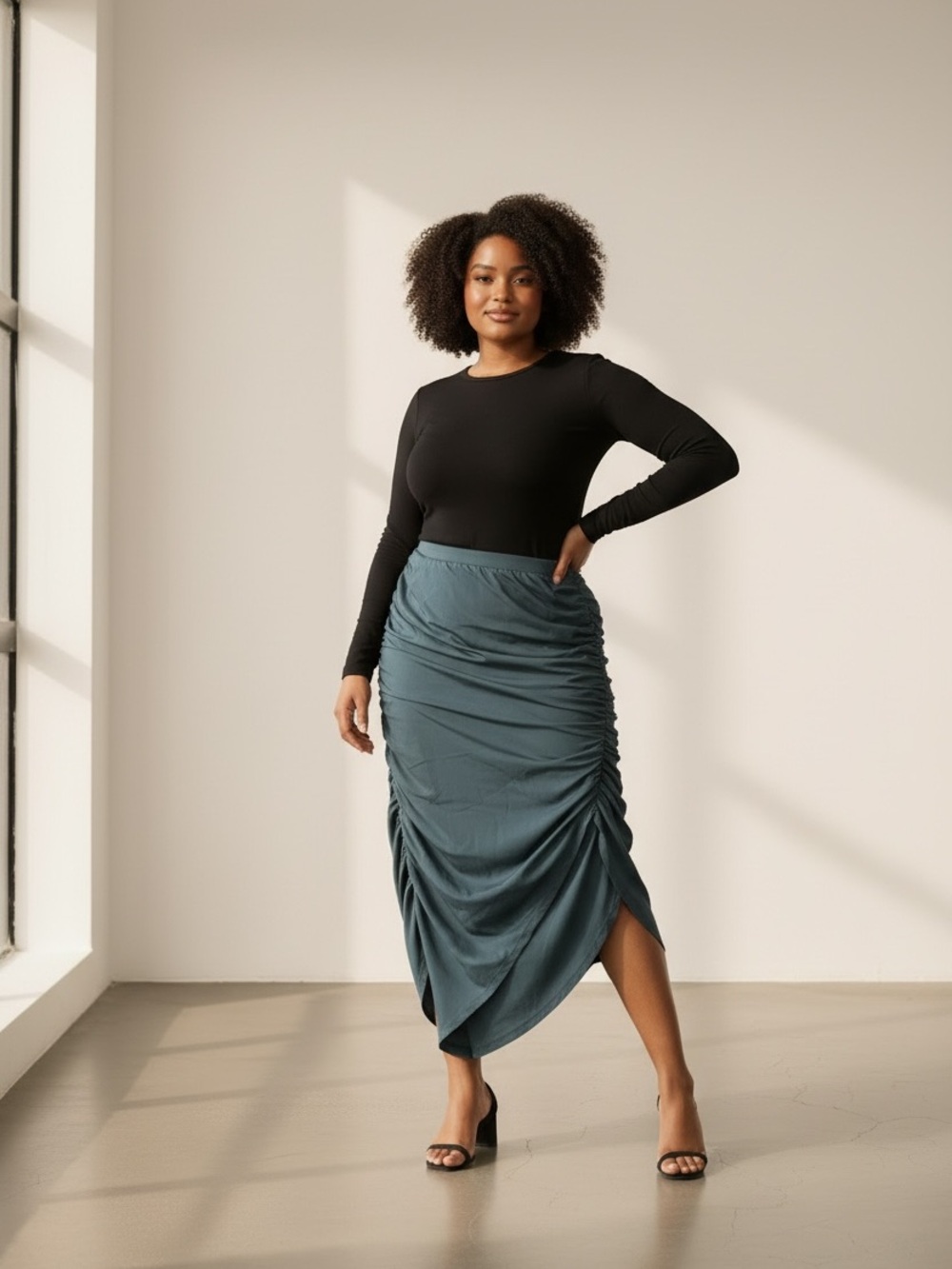 SHEIN Teal Ruched Midi Skirt